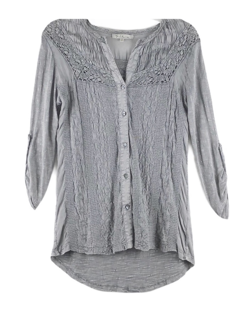 Solitaire Woman’s Gray Embroidered Button-Front Top, Size XL, EUC